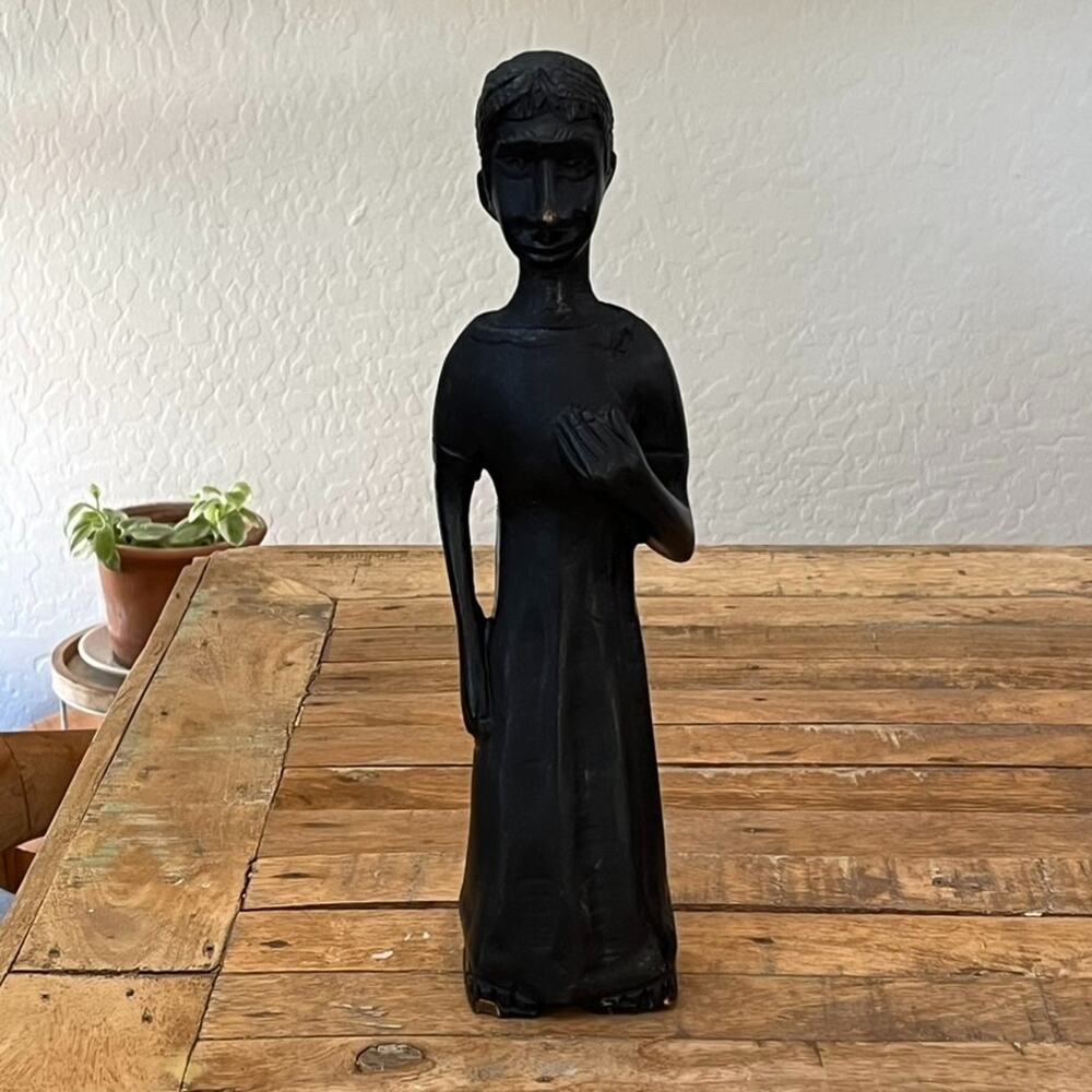 Vintage Hand Carved Wood Woman Statue 13.5" Tall Black